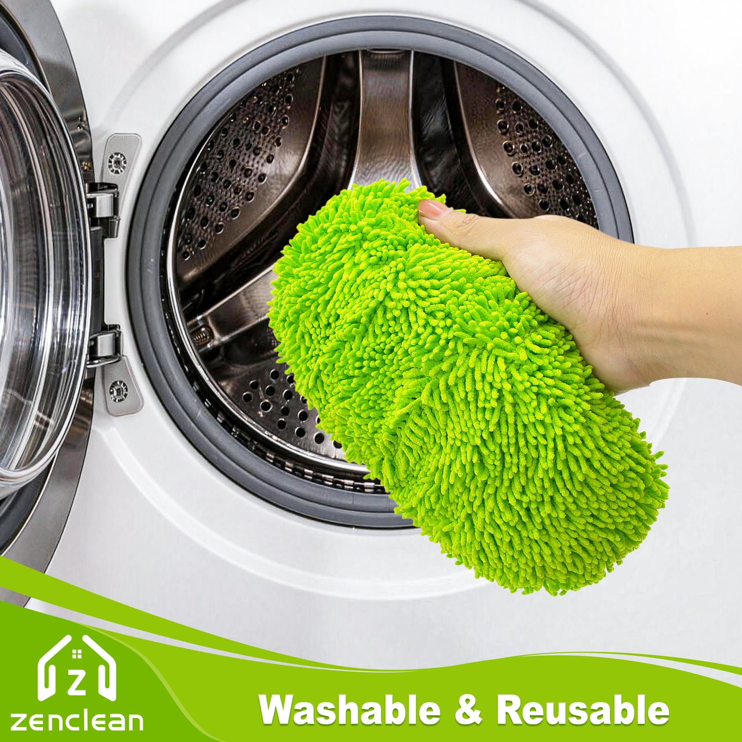 ZenClean Reusable Microfiber Mop Pads 4 Pack Compatible with SwifferSweeper Mop for Wet & Dry Floor Cleaning (Green)
