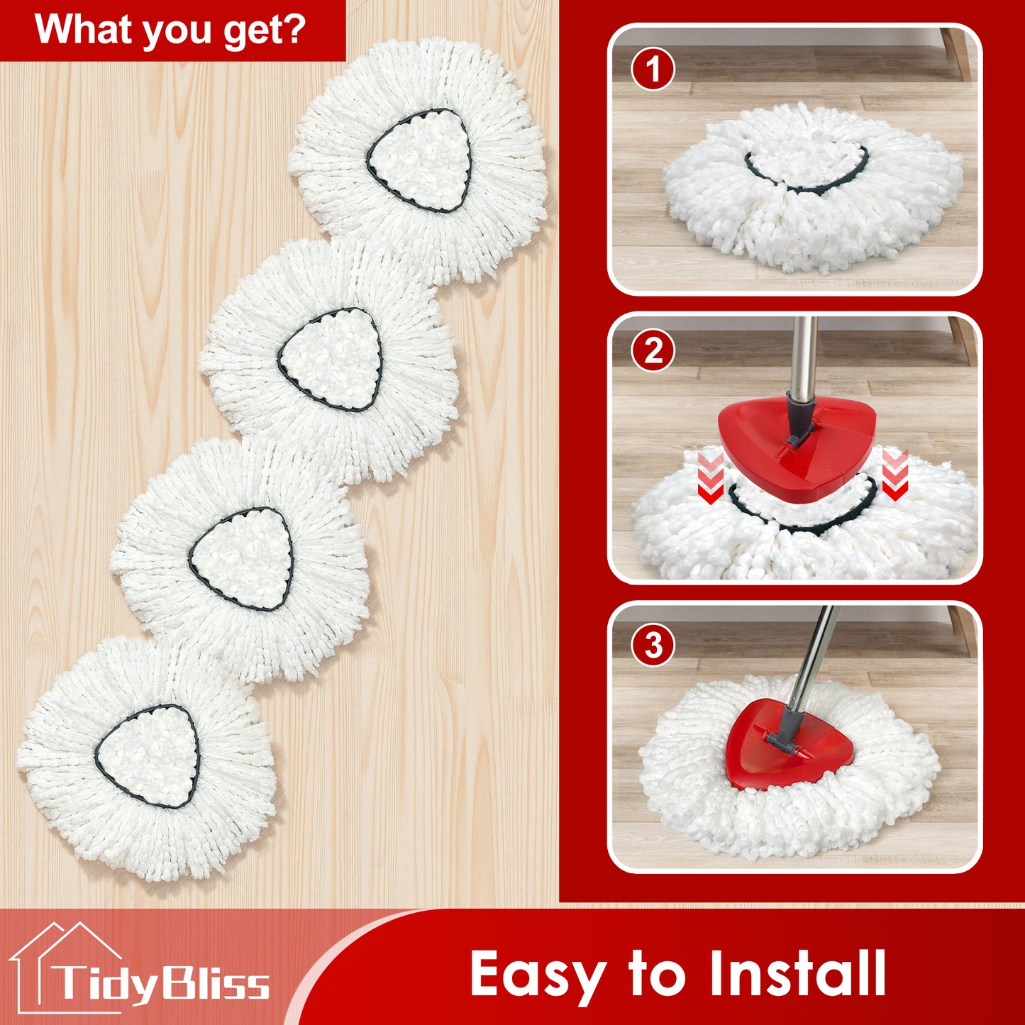 TidyBliss Spin Mop Replace Head 4 Pack for EasyWring 1 Tank System