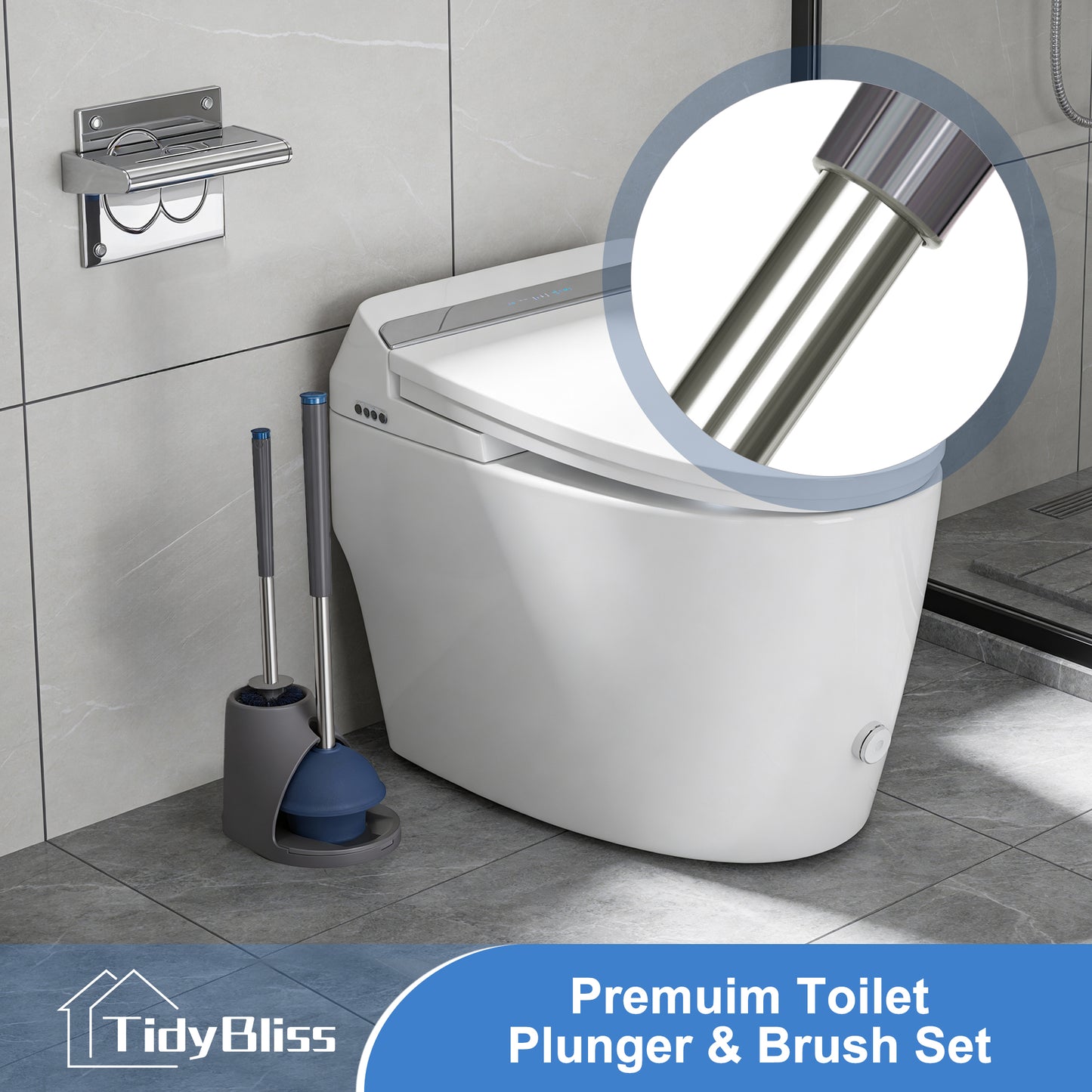TidyBliss Toilet Brush and Plunger Set with Hidden Tweezers (Blue)