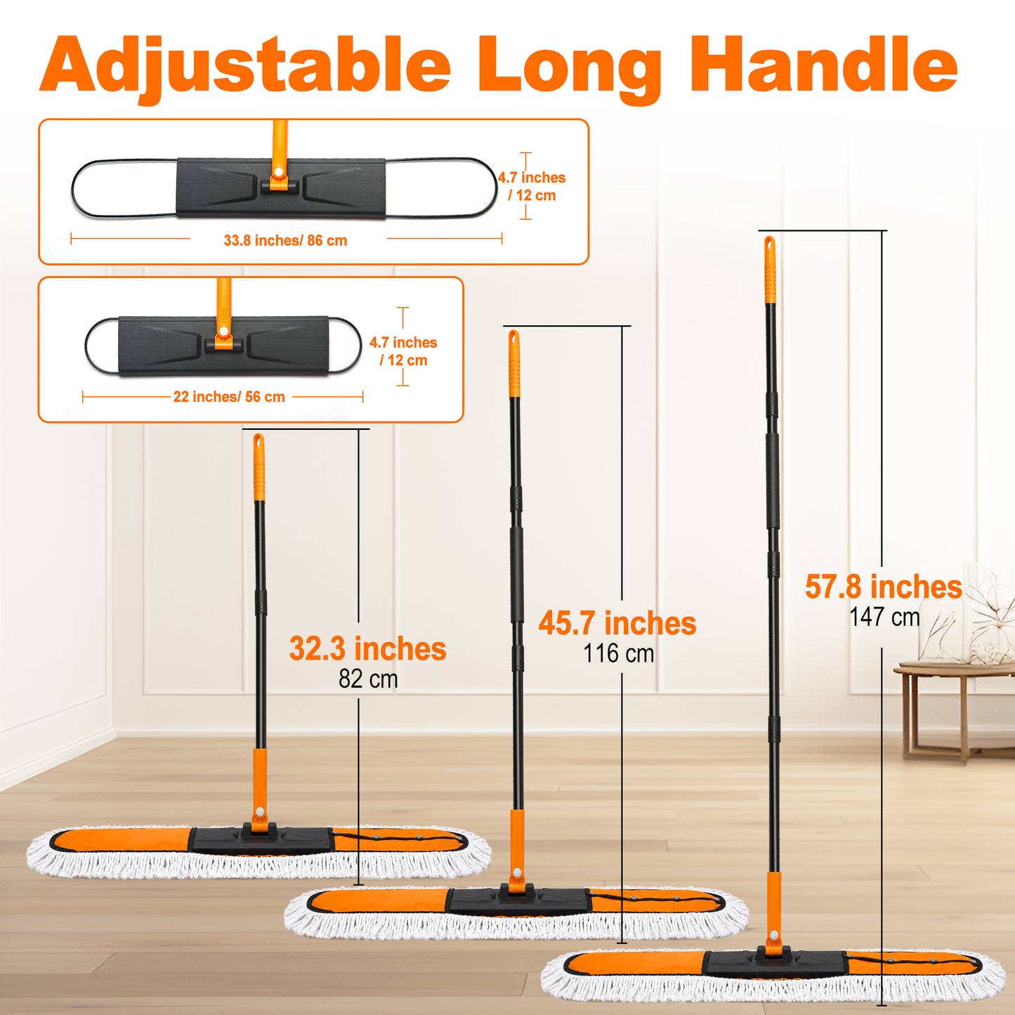 JEHONN 2-in-1 Commercial Dust Mop with 24" & 36" Microfiber Pads (Orange)