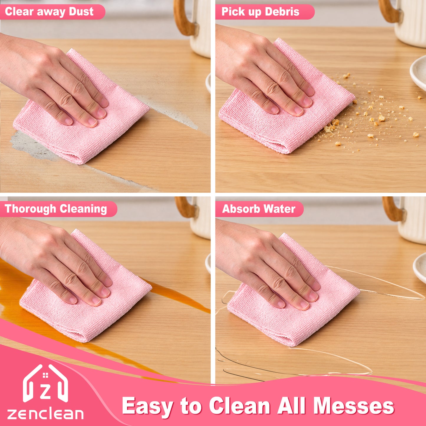 ZenClean Microfiber Cleaning Cloths Roll 30 Pack (Pink)