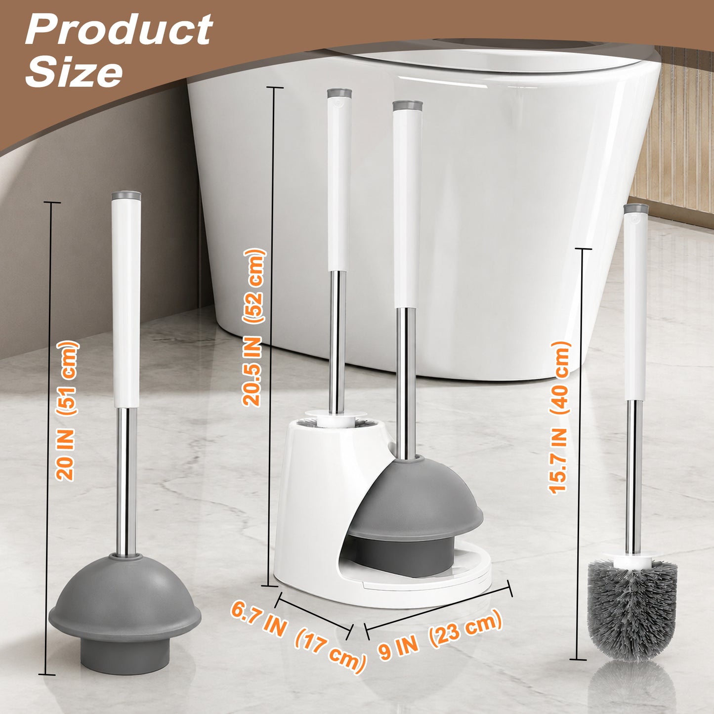 JEHONN Toilet Plunger and Brush Set with Holder and Hidden Tweezer (White)