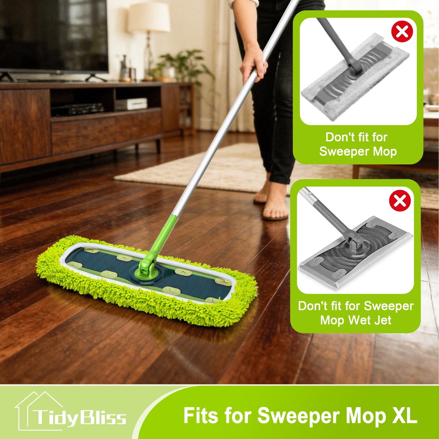 TidyBliss Reusable XL Microfiber Sweeper Mop Pads 4 Pack (Green)