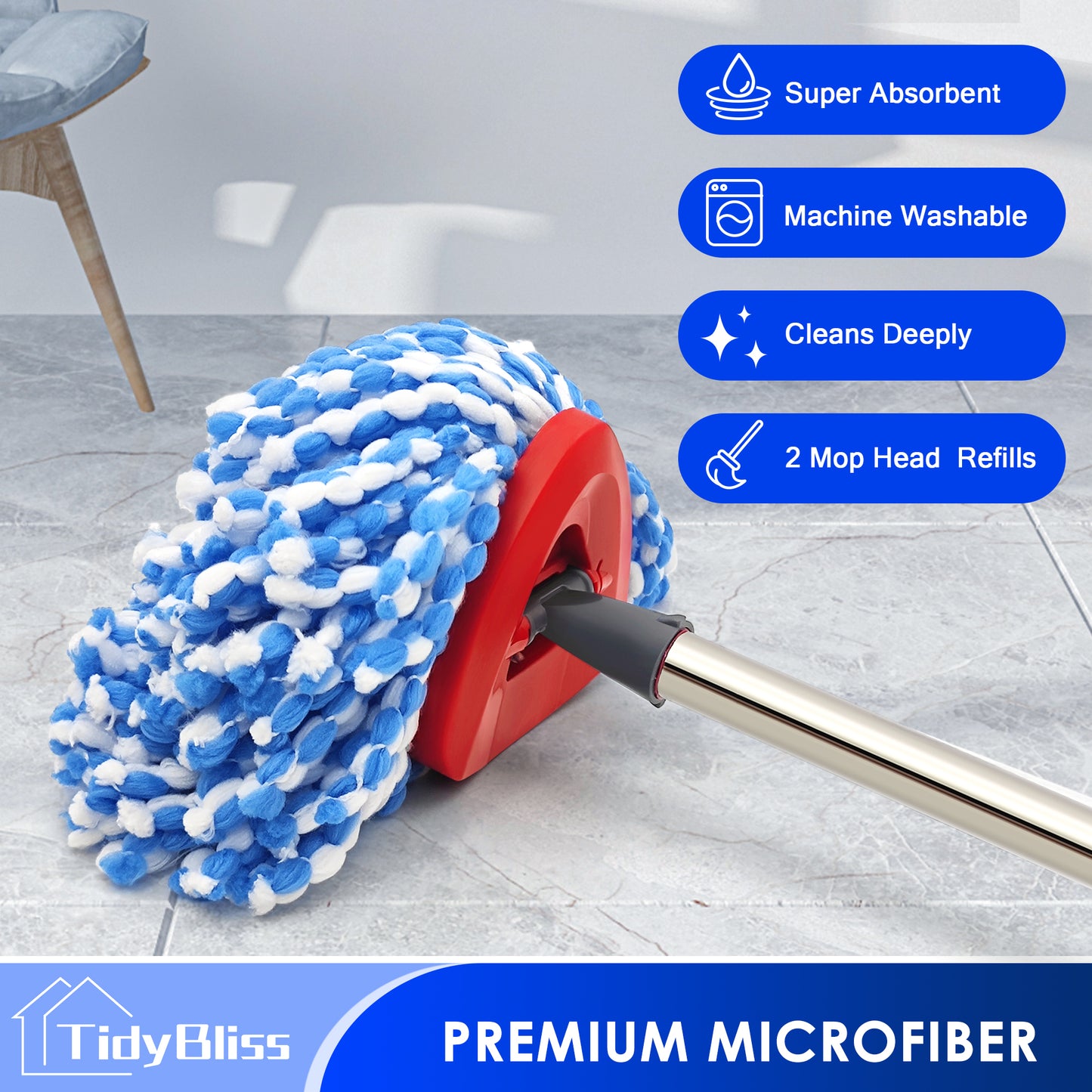 TidyBliss Spin Mop Replacement Heads 2 Pack with Triangle Base and 58 inches Long Handle for O-Cedaar RinseClean 2 Tank System