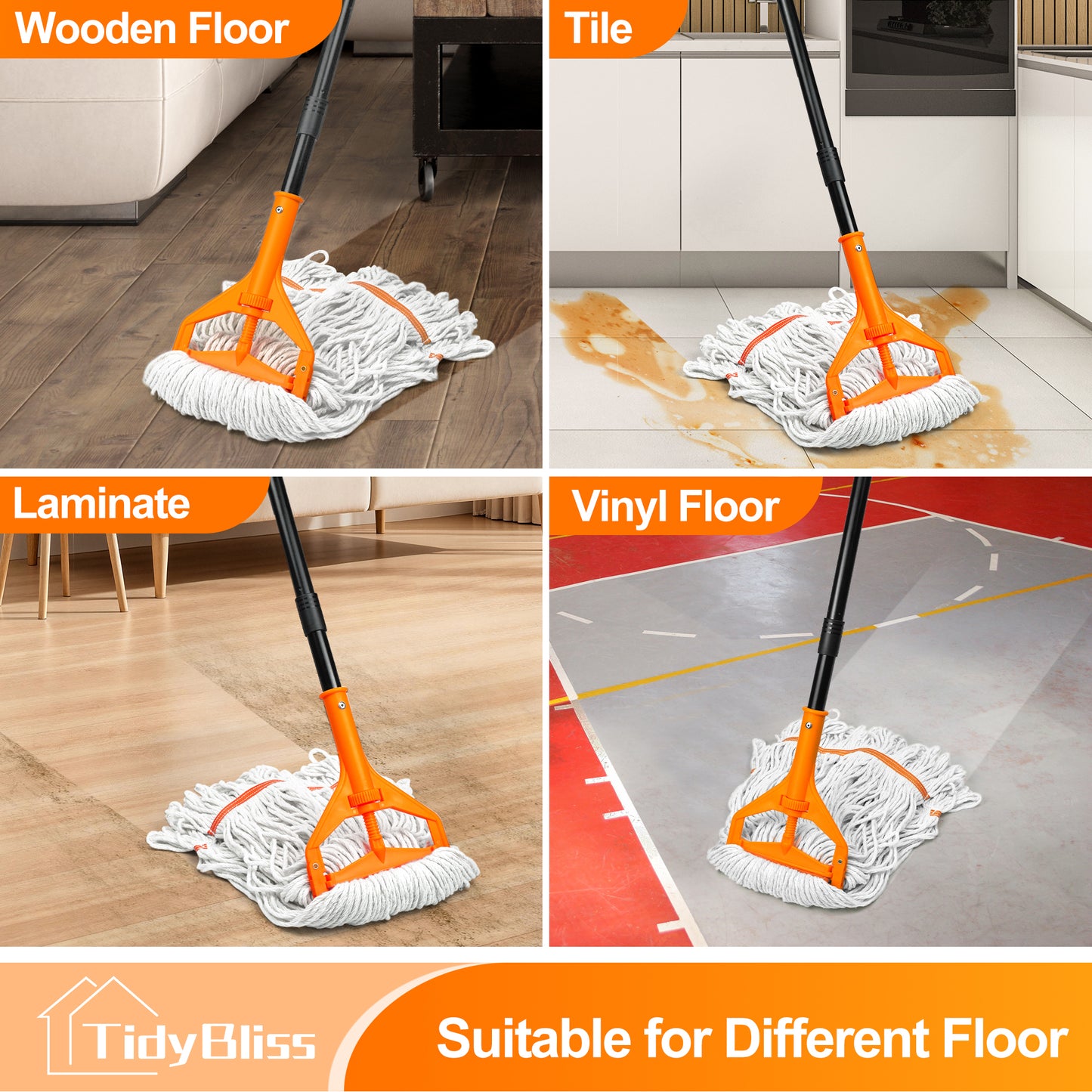 TidyBliss Commercial Mop Heavy Duty with 55 inches Long Handle (Orange)