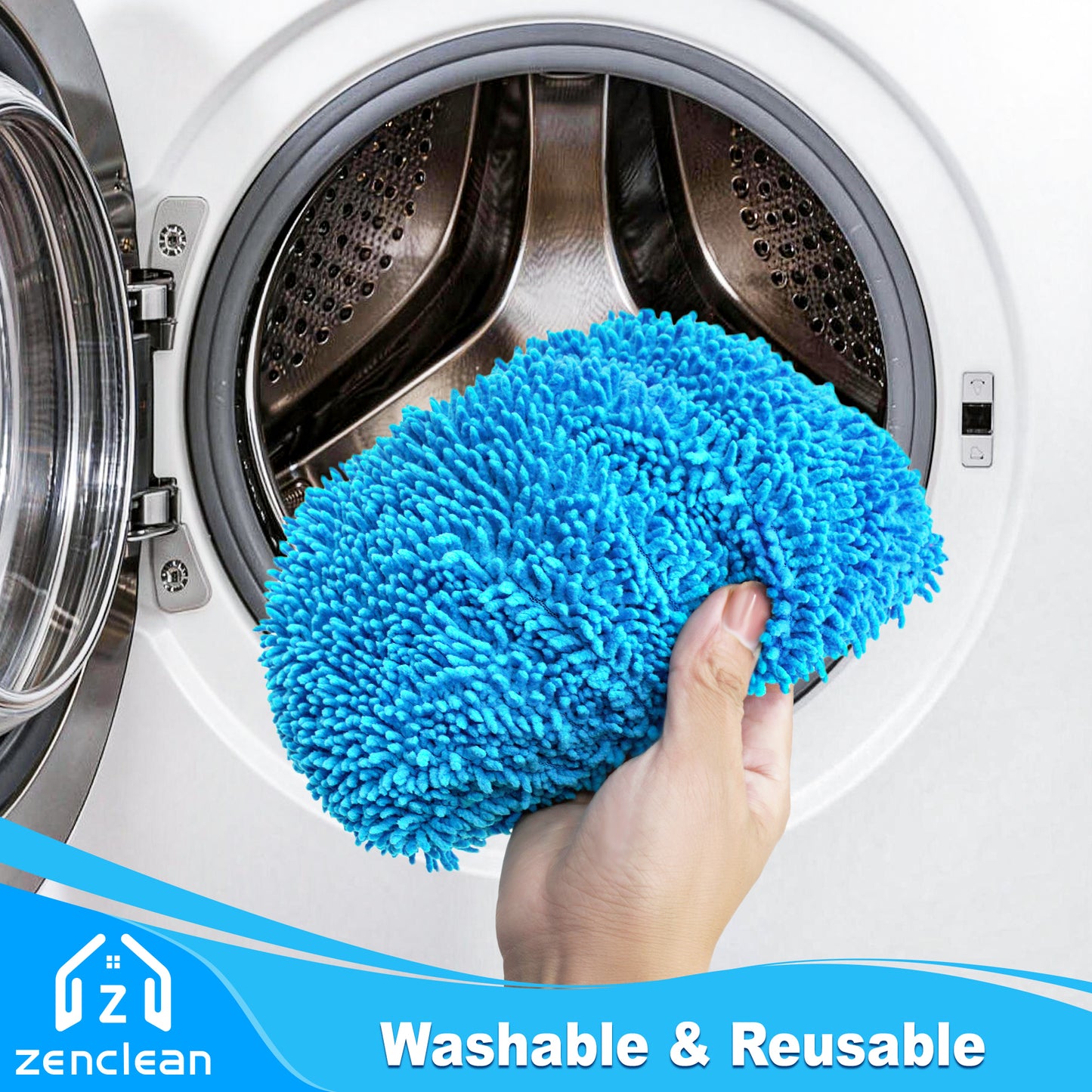 ZenClean Reusable Microfiber Mop Pads 4 Pack Compatible with SwifferSweeper Mop for Wet & Dry Floor Cleaning (Blue)