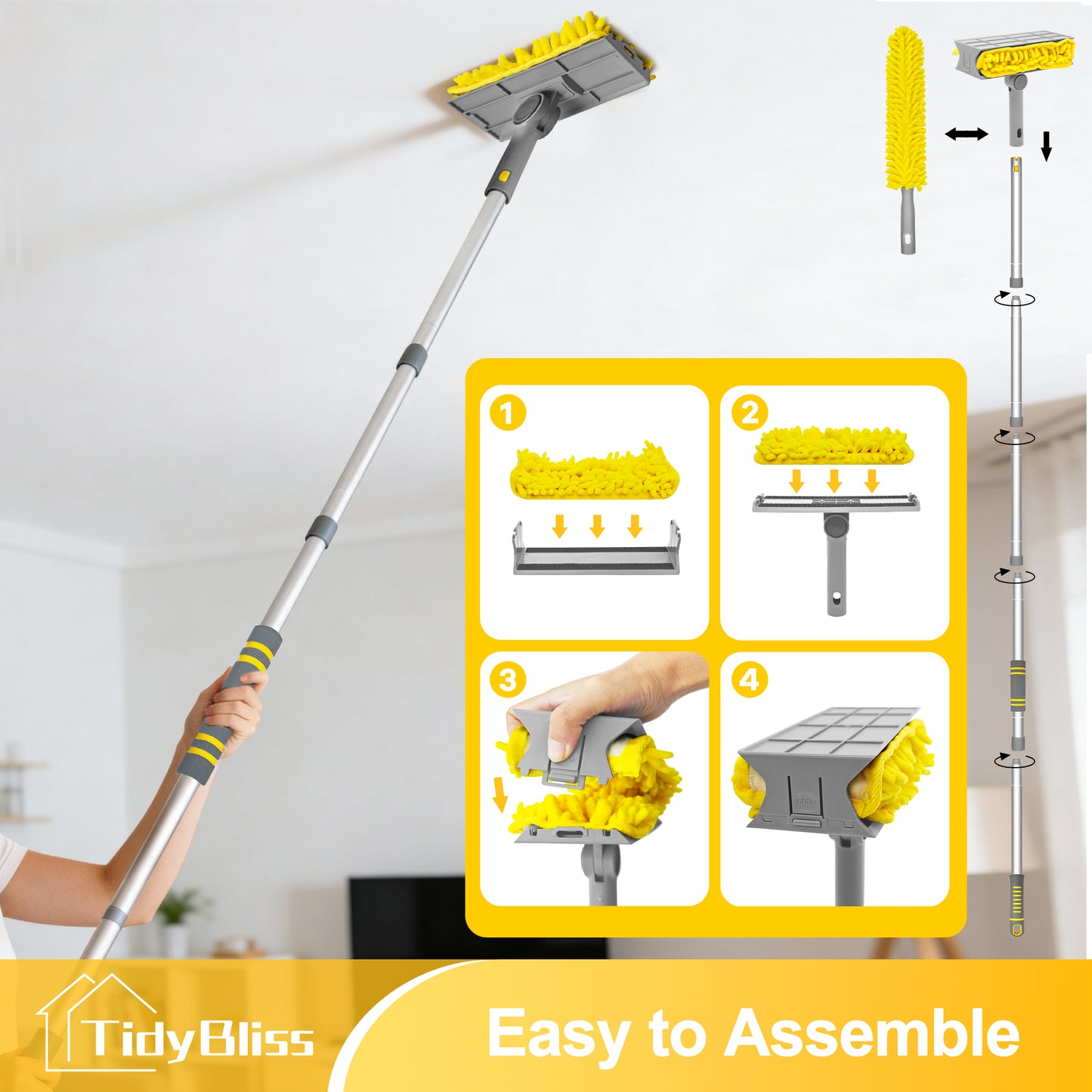 TidyBliss 77" Ceiling Fan Cleaner Duster with Extension Pole (Yellow)