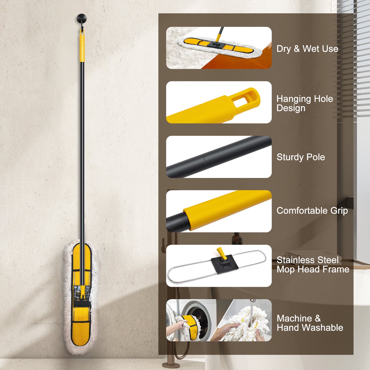 NEWE 24” Commercial Dust Mop, Large Dry Dust Push Broom Indoor, Wide Floor Duster for Laminate, Hardwood, Tile, Marble (Yellow)