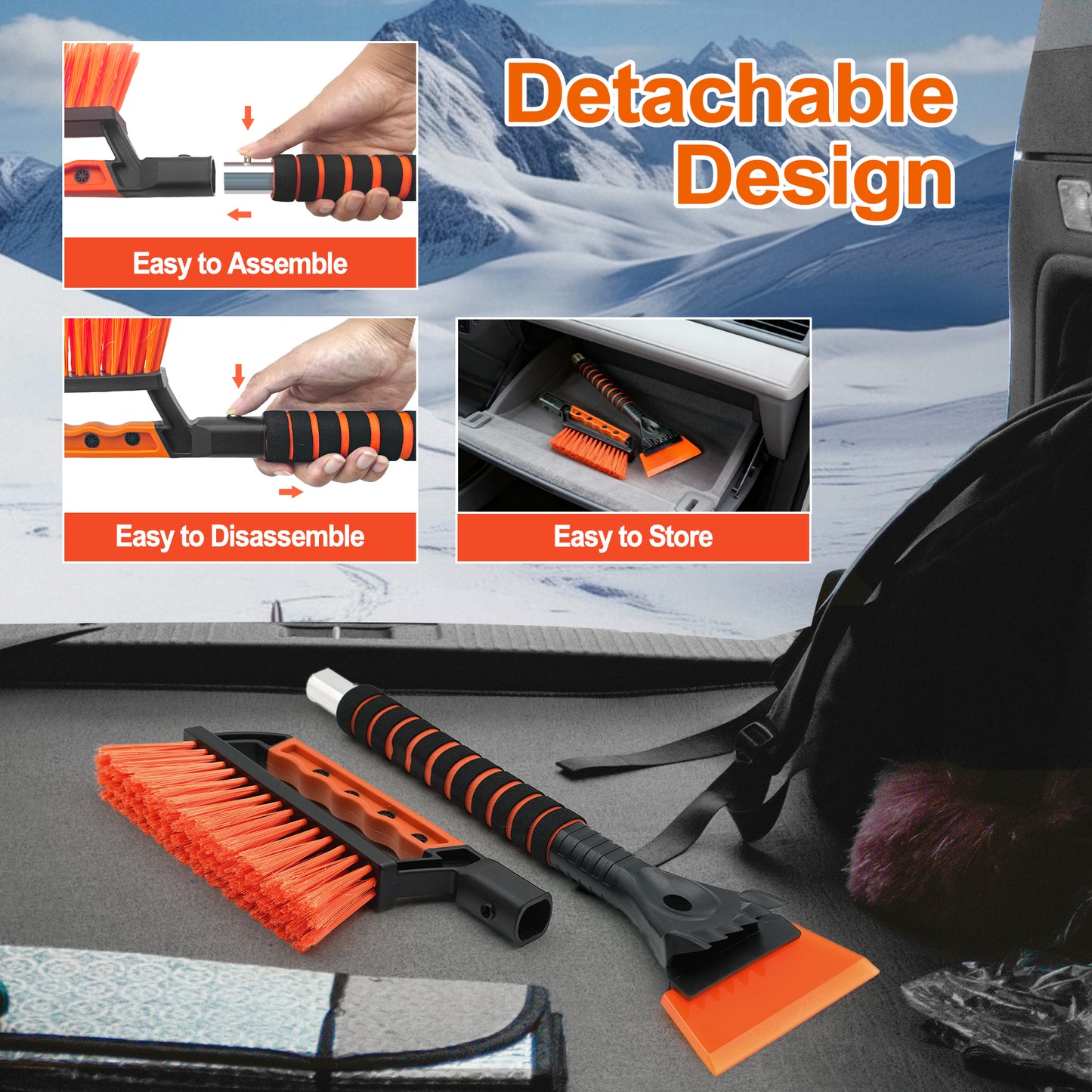 JEHONN Snow Brush with Ice Scraper for Car Windshield (Orange)