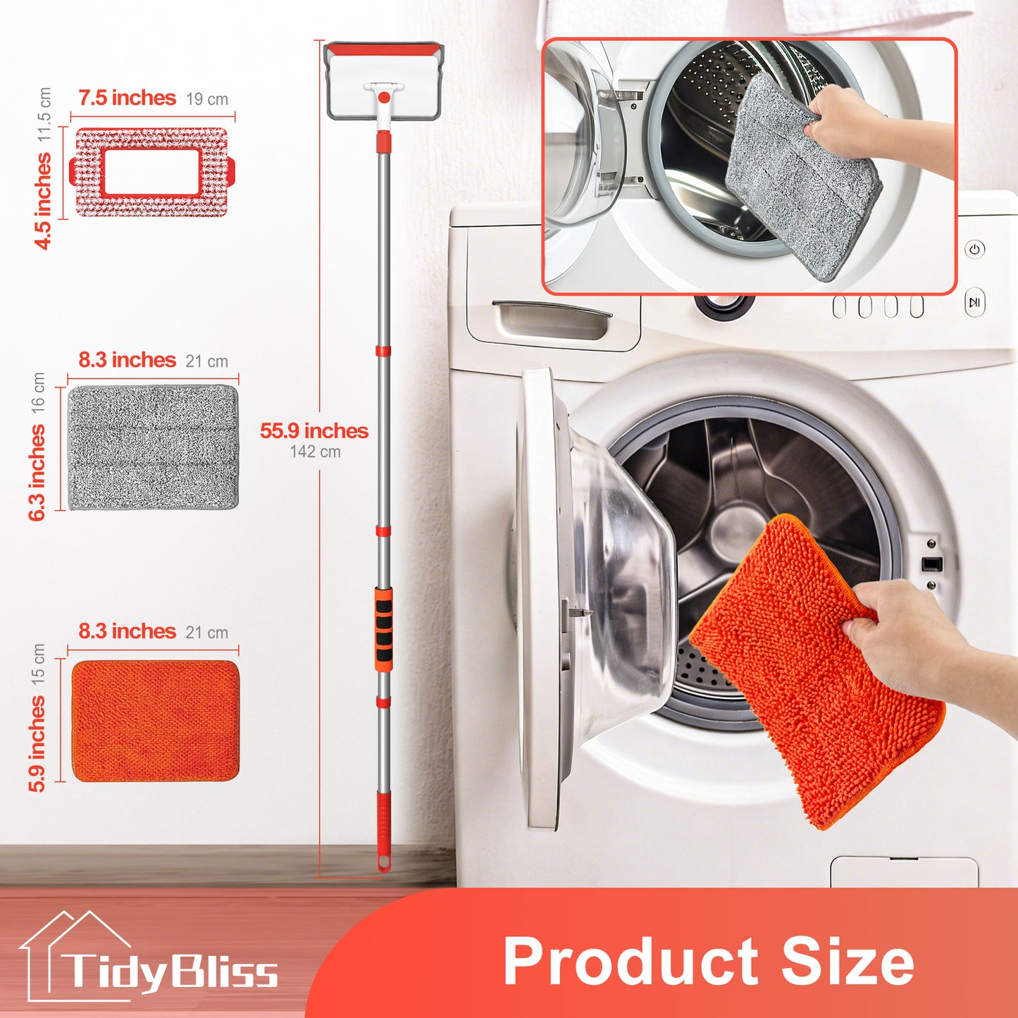 TidyBliss Baseboard Cleaner Tool, Wall Mop with 55.9" Long Handle (Red)