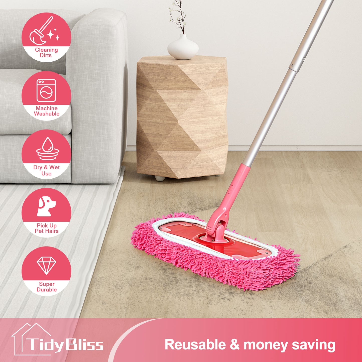 TidyBliss Reusable Microfiber Mop Pads 6 Pack Compatible with Sweeper (Pink)