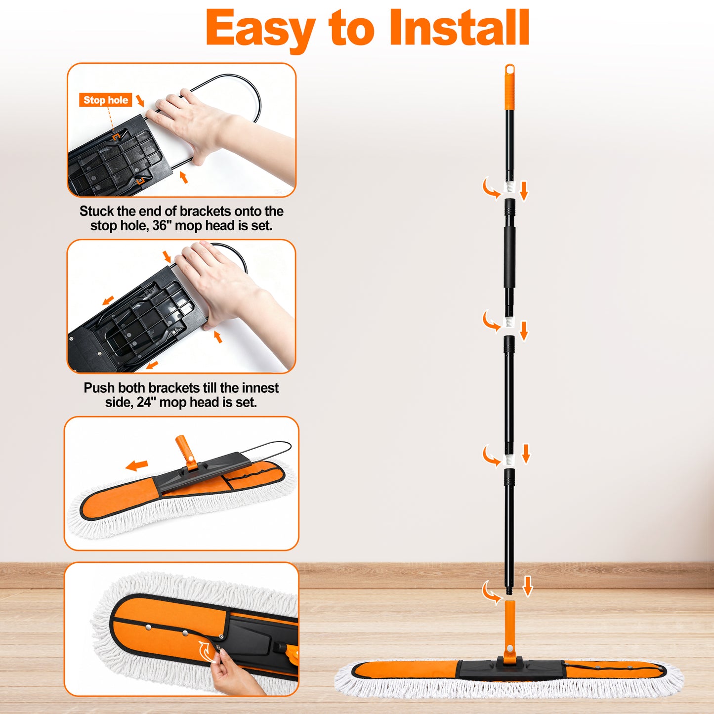 JEHONN 2-in-1 Commercial Dust Mop with 24" & 36" Microfiber Pads (Orange)