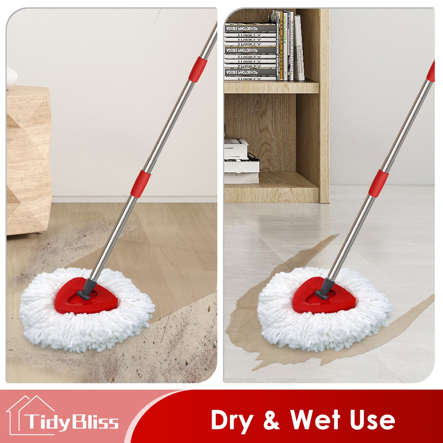 TidyBliss Spin Mop Replacement Heads 2 Pack with Triangle Base and 58 inches Long Handle for O-Cedaar EasyWring 1 Tank System
