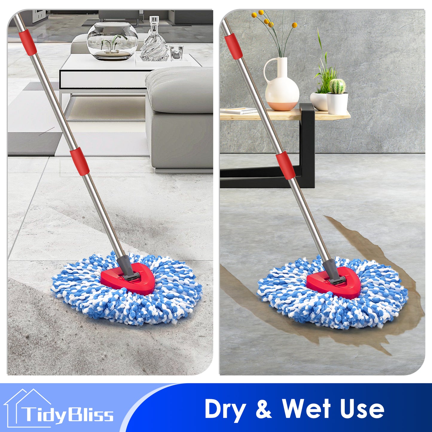 TidyBliss Spin Mop Replacement Heads 2 Pack with Triangle Base and 58 inches Long Handle for O-Cedaar RinseClean 2 Tank System