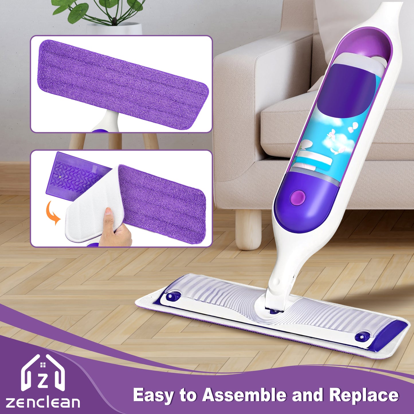 ZenClean Reusable Microfiber Mop Pads 6 Pack Compatible with SwifferPower Mop for Wet & Dry Floor Cleaning