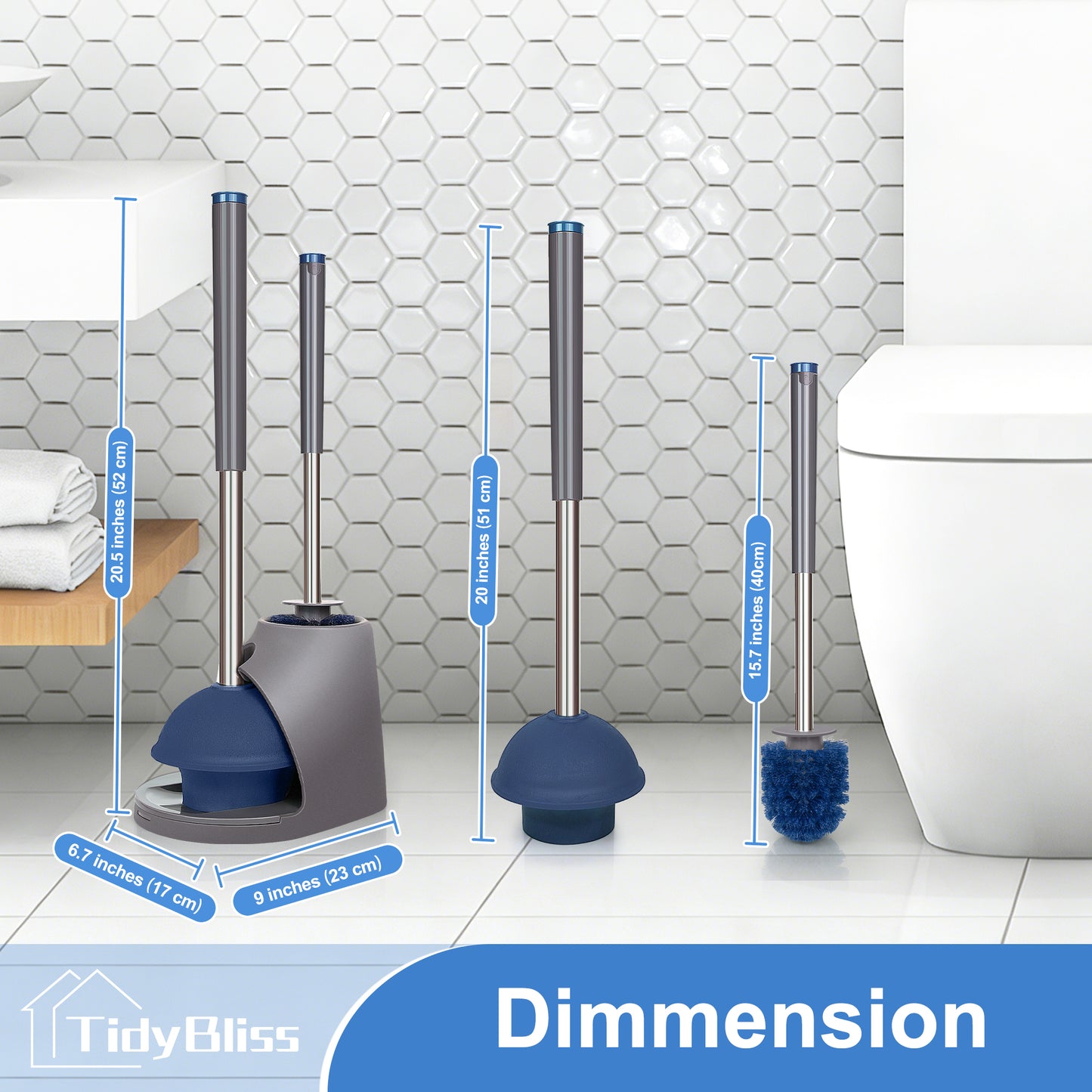 TidyBliss Toilet Brush and Plunger Set with Hidden Tweezers (Blue)
