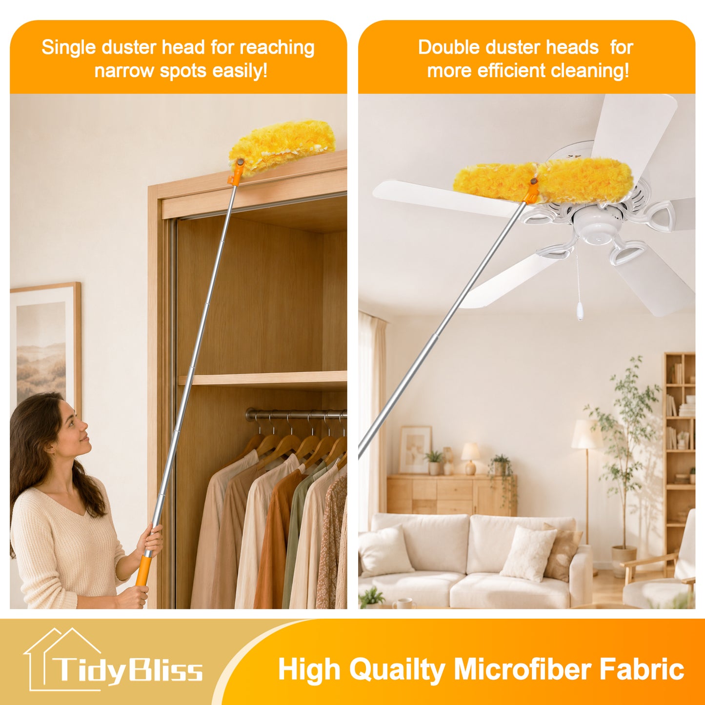 TidyBliss Dusters for Cleaning with Extension Pole 70 inches and 10 Refills (Orange)