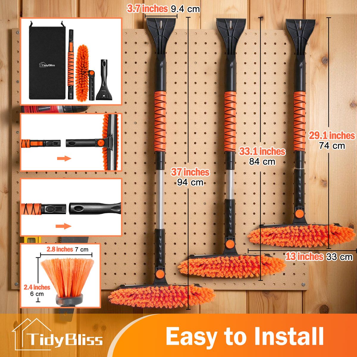 TidyBliss 37” Snow Brush with Ice Scraper & Squeegee for Car Windshield Glass