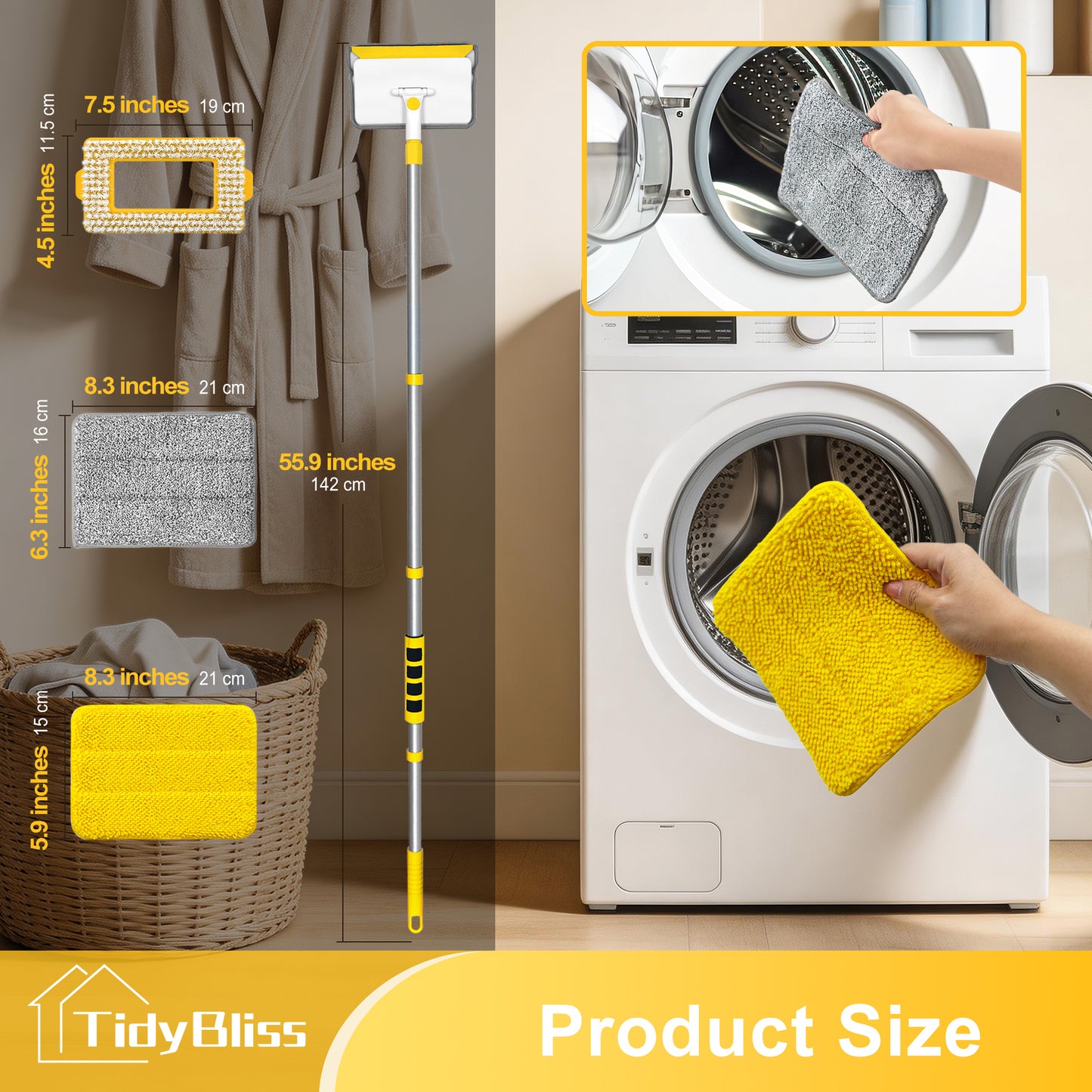 TidyBliss Baseboard Cleaner Tool, Wall Mop with 55.9" Long Handle (Yellow)