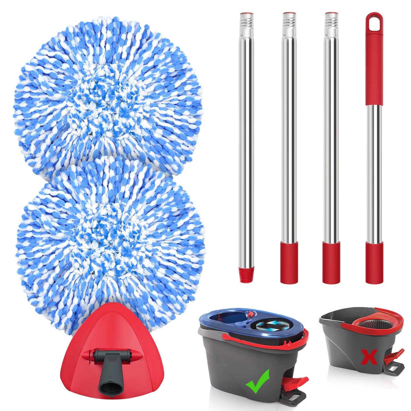 JEHONN Spin Mop Replacement Heads 2 Packs with 58 inches Long Handle and Triangle Base