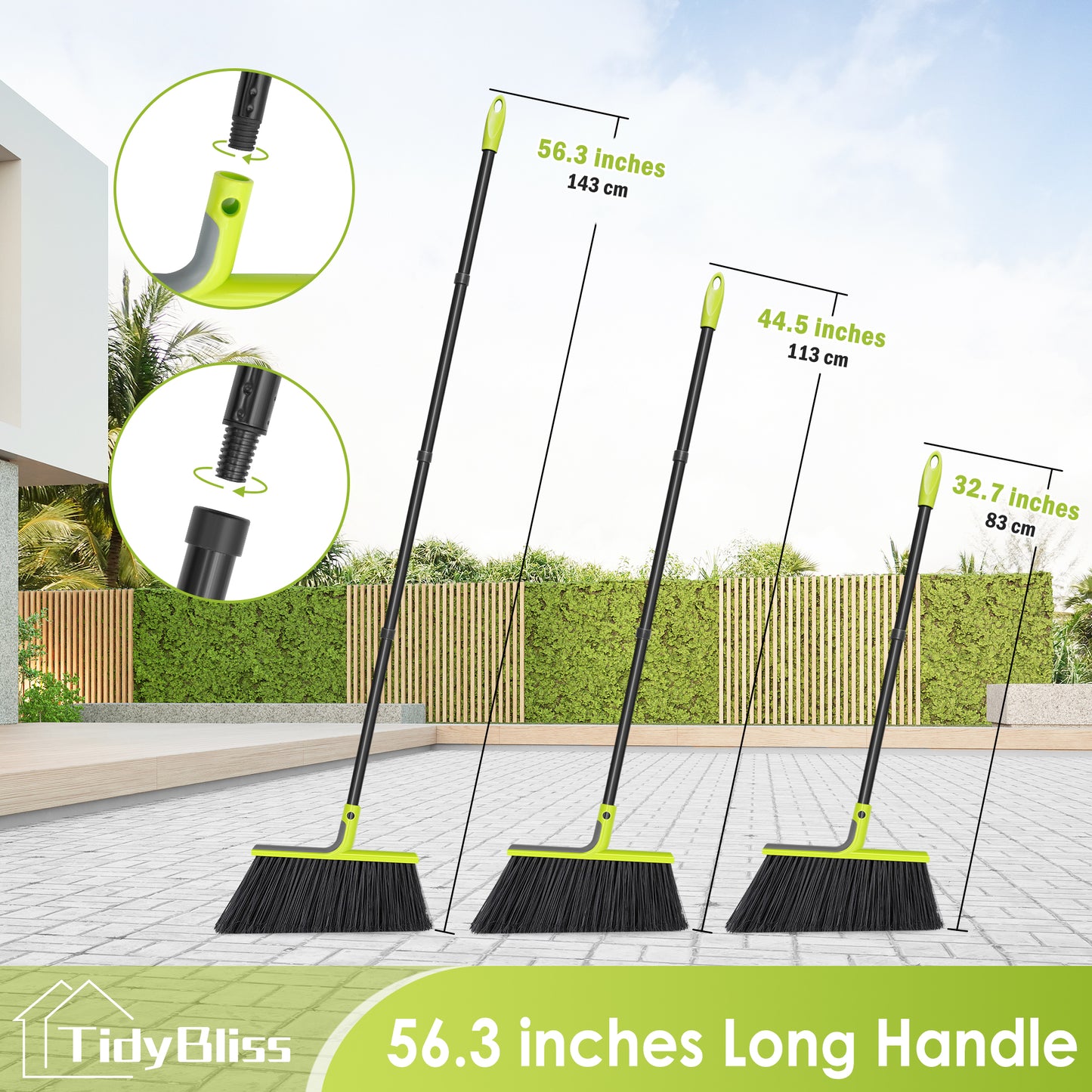 TidyBliss 14.2" Outdoor Broom Heavy Duty, 56 inches Tall Angle Brush (Green)