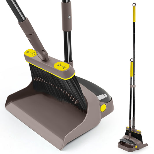 JEHONN Broom and Dustpan Combo for Home with Long Handle Brown Yellow