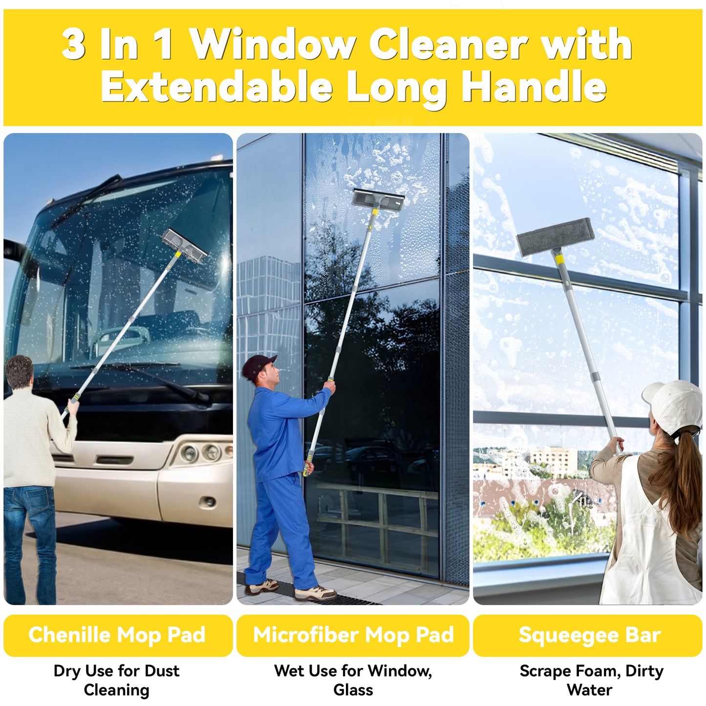 JEHONN Window Cleaning Squeegee Kit with 64 inches Long Handle (Yellow)