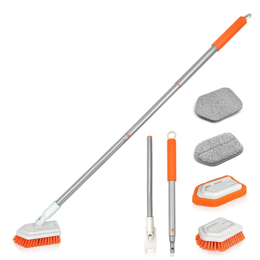 JEHONN 4-in-1 Tile Tub Scrubber with Long Handle, Upgraded Shower Cleaning Brush (Orange)