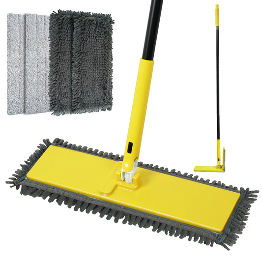 NEWE Dust Mop with Unique 90° Foldable Panel, 52 inches Long Handle Wet Dry Flat Floor Duster Broom with 2 Microfiber and 2 Chenille Pads for Hardwood, Stairs, Vinyl, Tile, Laminate (Yellow)