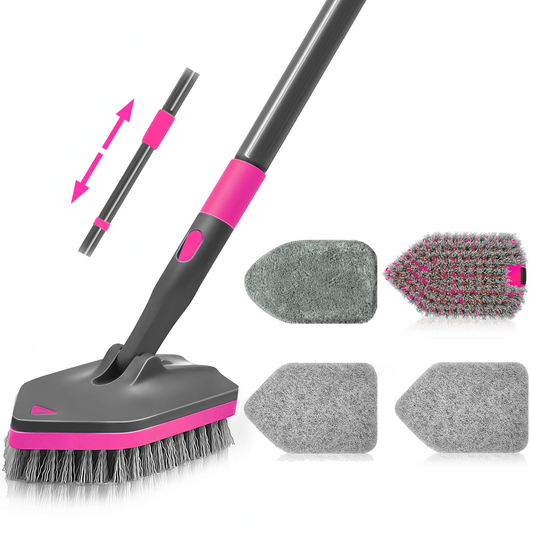 NEWE Shower Cleaner Brush, Tub Tile Scrubber with Telescopic Long Handle 60 inches, 4 Scrub Heads for Cleaning Bathroom Bathtub Floor Baseboard Sink Kitchen Toilet (Grey Red)