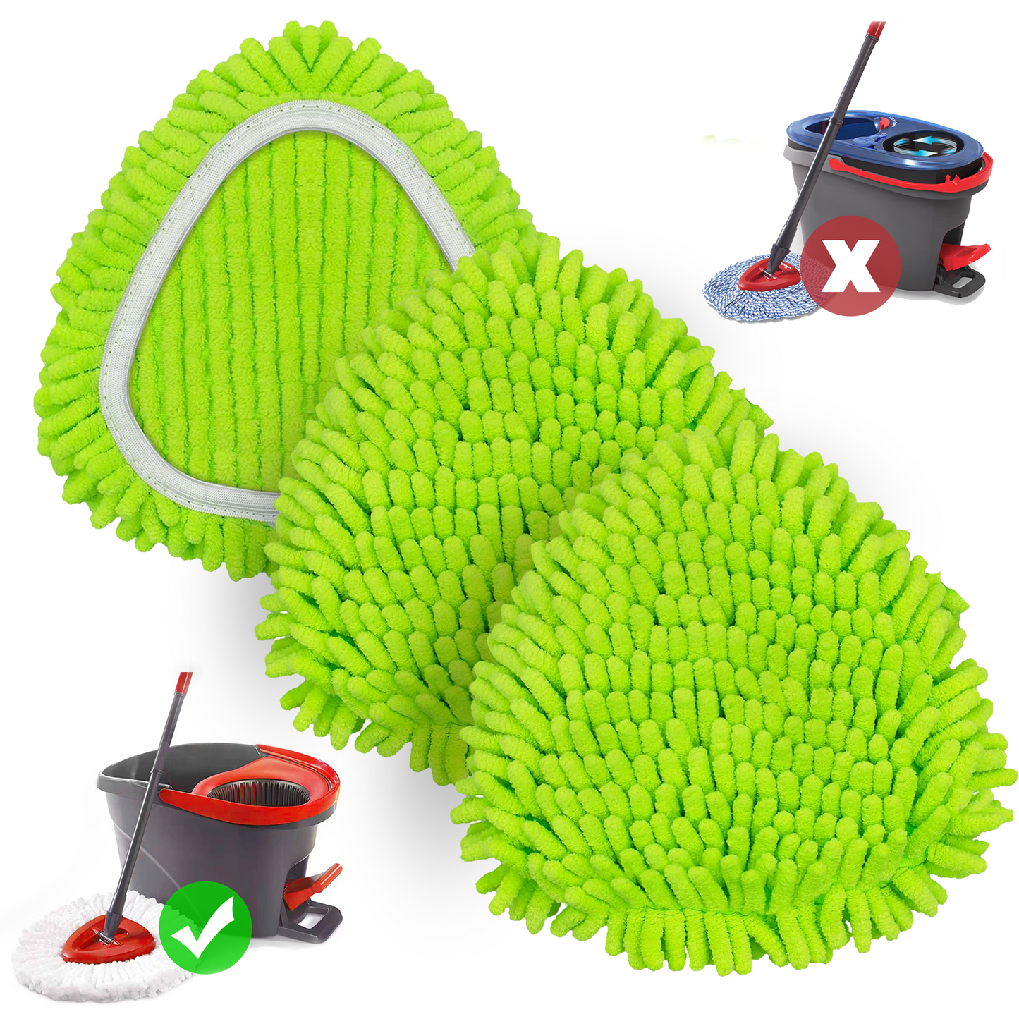 NEWE Chenille Mop Pads 3 Pack for O-Cedar 1 Tank System Green