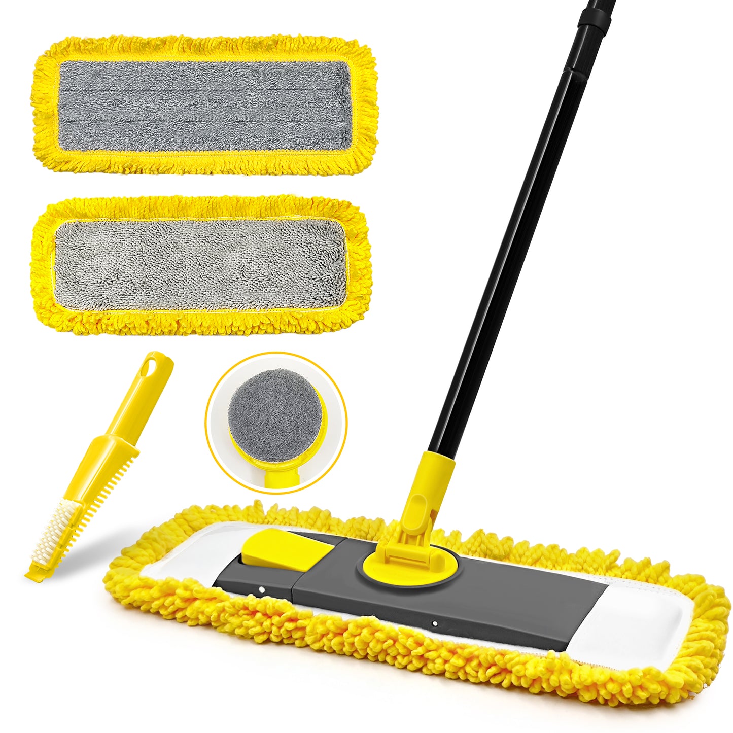 JEHONN Flat Mop for Floor Cleaning, Dry Wet Dust Mops with Microfiber & Chenille Pads for Hard Wood Laminate Tile Vinyl Kitchen Bathroom Home (Yellow)