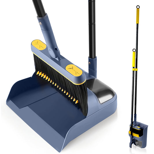JEHONN 54 inches Long Handle Broom and Dustpan Set, Upright Dust Pans Outdoor  for Home (Dark Blue)