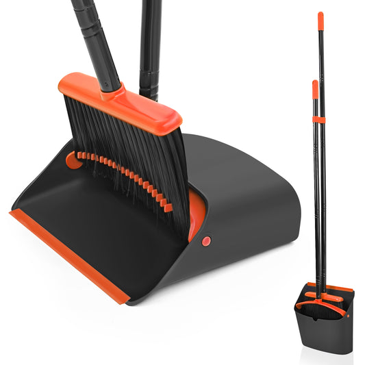 JEHONN Broom and Dustpan Set for Home, Long Handle Lightweight Dust Pan Set with Comb Teeth