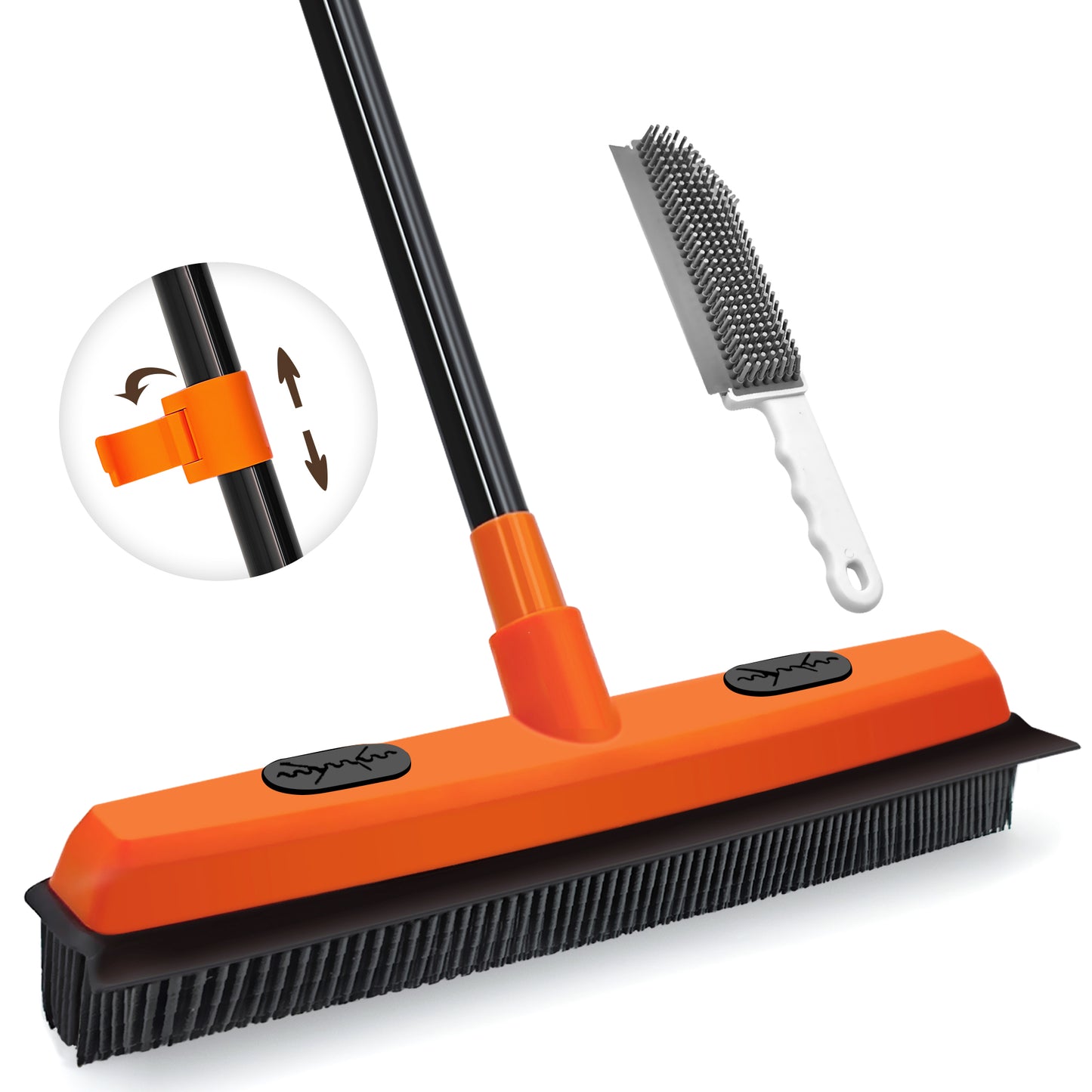 JEHONN Rubber Broom with Squeegee Carpet Rake for Pet Hair Remover (Orange)